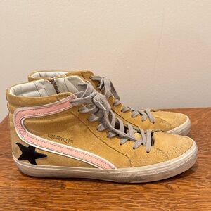 Limited Edition 714/856 Golden Goose Tan and Pink High-Top Sneakers
